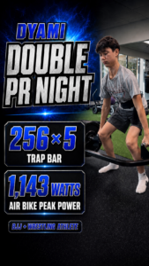 Dyami, Double PR Night at GBSC: 256 lb trap bar deadlift for 5 and 1,143 watts air bike peak power