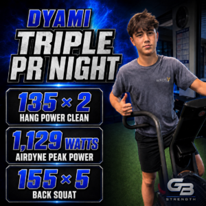 Dyami, high school wrestling and jiu-jitsu athlete, Triple PR Night at GBSC: 135 lb hang power clean for 2, 1,129 watts Airdyne peak power, and 155 lb back squat for 5