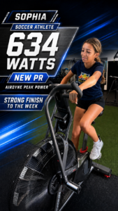 Sophia, soccer athlete, new personal record of 634 watts Airdyne peak power at GBSC